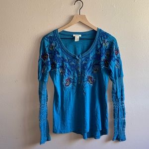 Sundance Blue Crochet Sleeve Embroidered Thermal